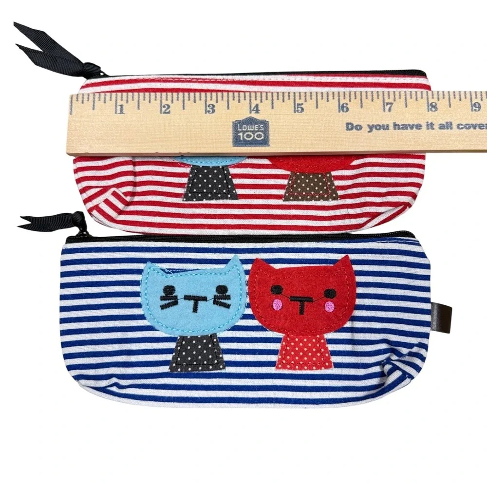 Set of 2 Cat Striped Pencil Case Pouch Cosmetic Bag Red Blue Canvas Zippered